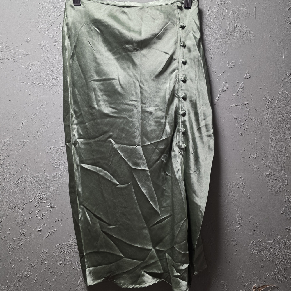 Rock & Roll Denim Satin Midi Skirt in Sage Green